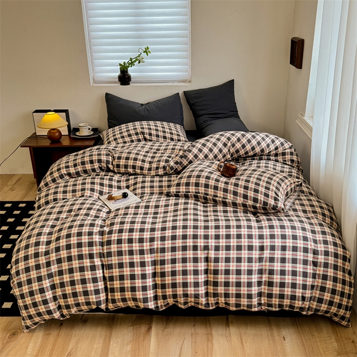 91家纺网 家纺一手货源 找家纺 （总）多品家纺 2025新款简约复古风水洗棉格子四件套