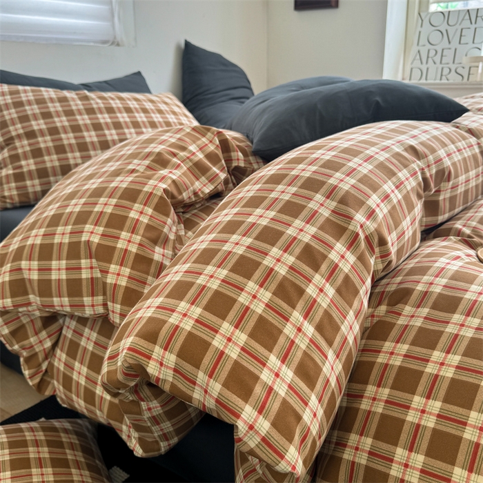 多品家纺 2025新款简约复古风水洗棉格子四件套 时光+黑