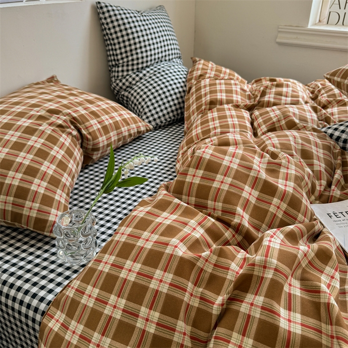91家纺网 家纺一手货源 找家纺 多品家纺 2025新款简约复古风水洗棉格子四件套 时光+黑白格