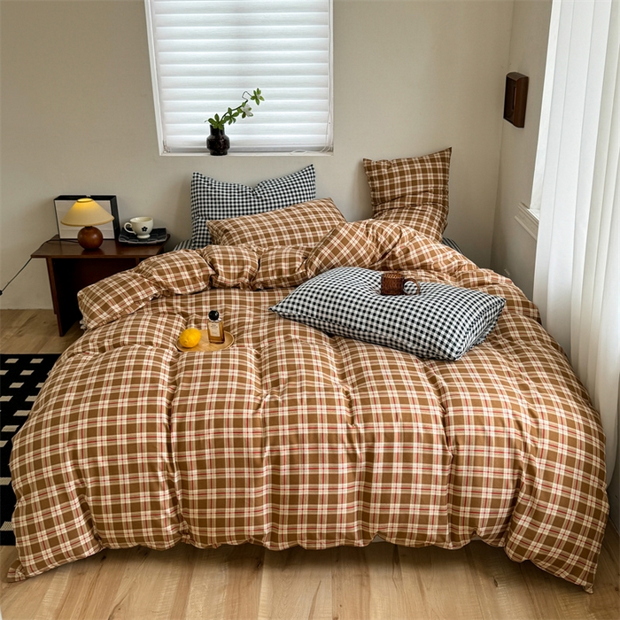 91家纺网 家纺一手货源 找家纺 多品家纺 2025新款简约复古风水洗棉格子四件套 时光+黑白格