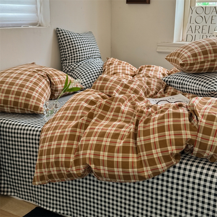 91家纺网 家纺一手货源 找家纺 多品家纺 2025新款简约复古风水洗棉格子四件套 时光+黑白格