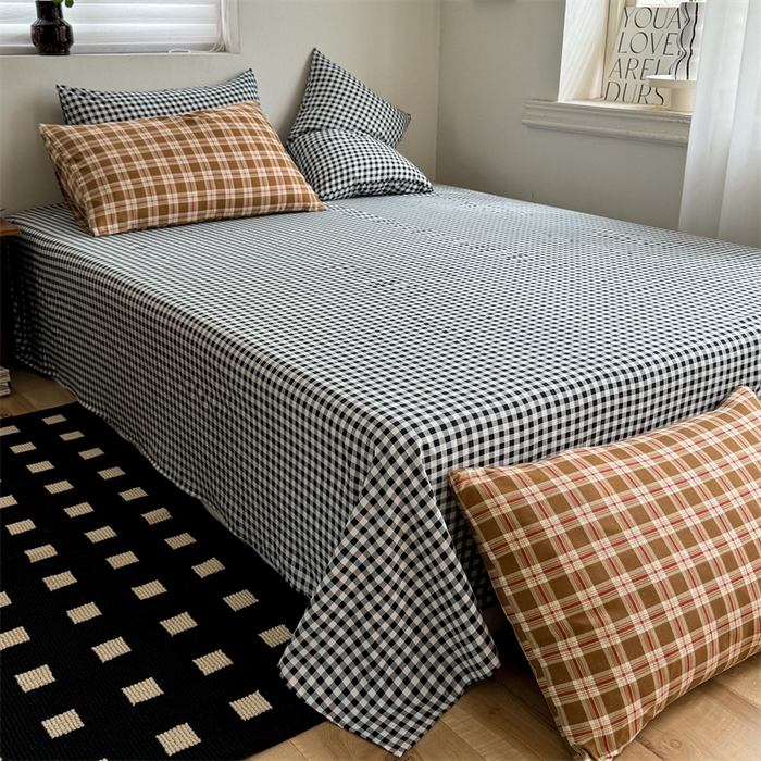 91家纺网 家纺一手货源 找家纺 多品家纺 2025新款简约复古风水洗棉格子四件套 时光+黑白格