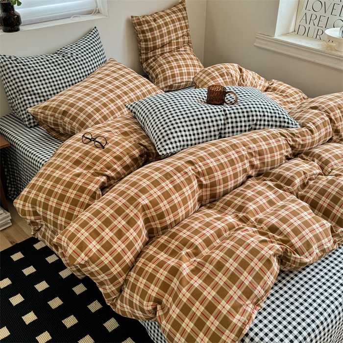 91家纺网 家纺一手货源 找家纺 多品家纺 2025新款简约复古风水洗棉格子四件套 时光+黑白格