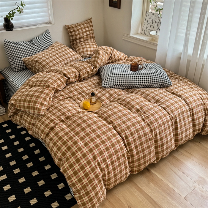 91家纺网 家纺一手货源 找家纺 多品家纺 2025新款简约复古风水洗棉格子四件套 时光+黑白格