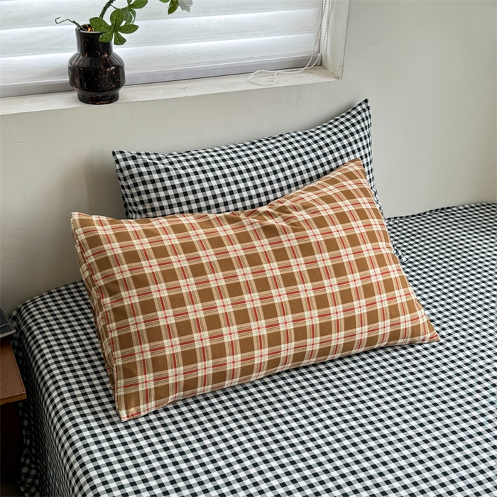 91家纺网 家纺一手货源 找家纺 多品家纺 2025新款简约复古风水洗棉格子四件套 时光+黑白格