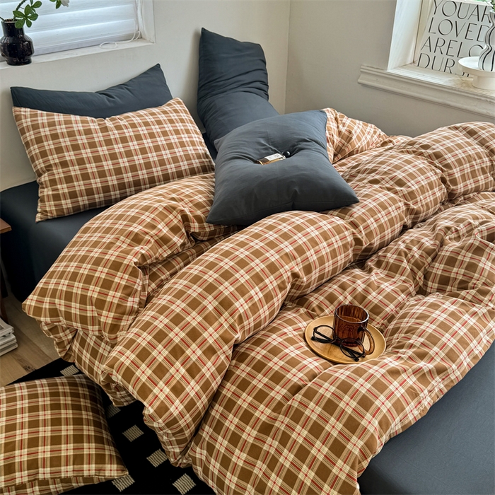 多品家纺 2025新款简约复古风水洗棉格子单被套被套单件 时光