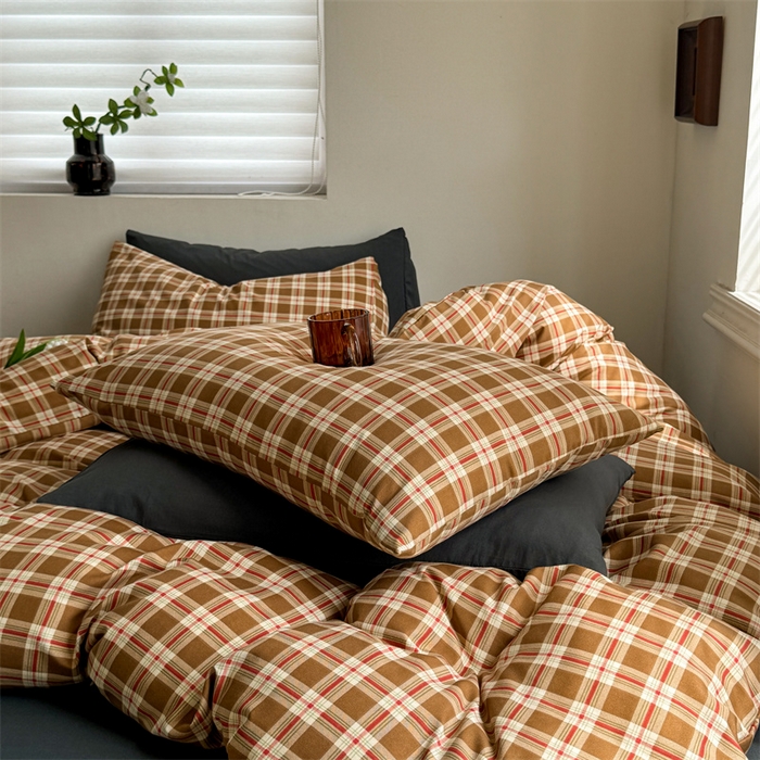 91家纺网 家纺一手货源 找家纺 多品家纺 2025新款简约复古风水洗棉格子单被套被套单件 时光