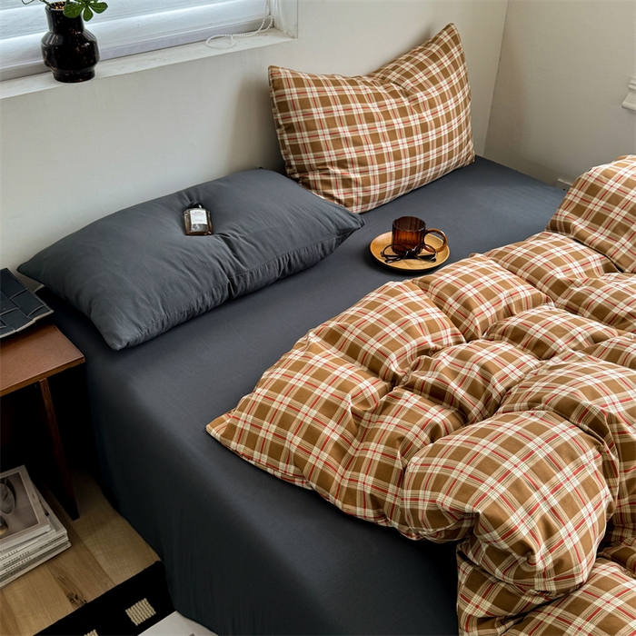 91家纺网 家纺一手货源 找家纺 多品家纺 2025新款简约复古风水洗棉格子单被套被套单件 时光