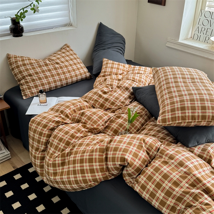 91家纺网 家纺一手货源 找家纺 多品家纺 2025新款简约复古风水洗棉格子单被套被套单件 时光