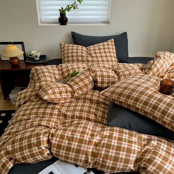 91家纺网 家纺一手货源 找家纺 多品家纺 2025新款简约复古风水洗棉格子单被套被套单件 时光