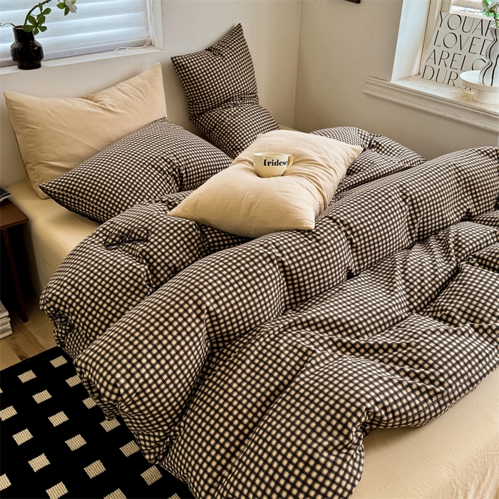 多品家纺 2025新款简约复古风水洗棉格子单被套被套单件 黑小格