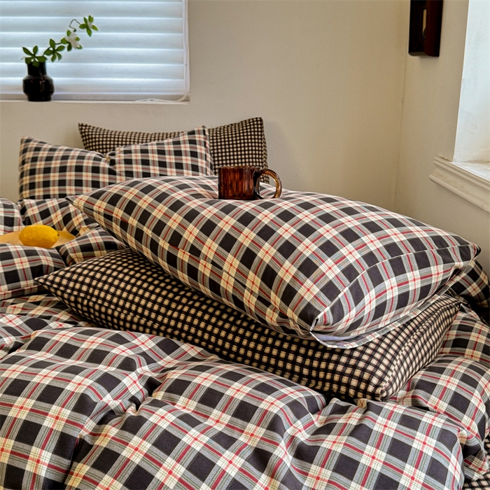 91家纺网 家纺一手货源 找家纺 （总）多品家纺 2025新款简约复古风水洗棉格子单被套被套单件