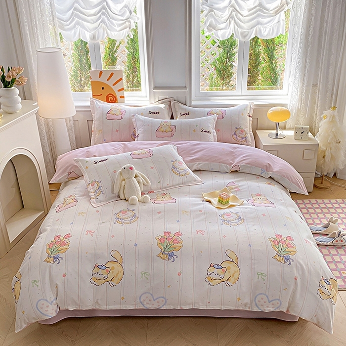 91家纺网 家纺一手货源 找家纺 天之爱 2025新款全棉印花四件套 甜心可爱猫