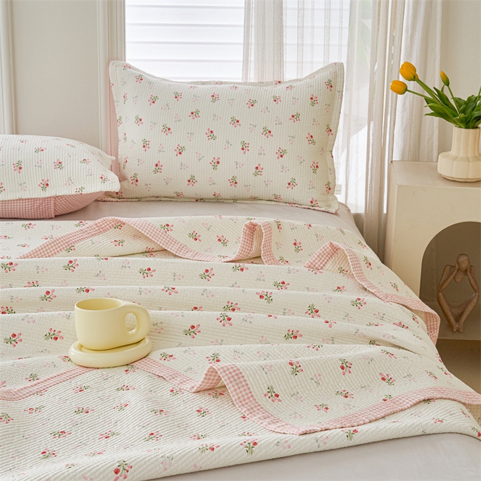 91家纺网 家纺一手货源 找家纺 洽想家 2025新款里外夹棉新疆棉花水洗床盖A1系列 红格花花 床盖