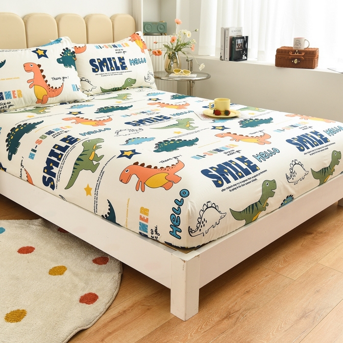 91家纺网 家纺一手货源 找家纺 名优家纺 2025新款全棉纯棉13070韩版小清新系列床笠单件--单床笠 恐龙漫画