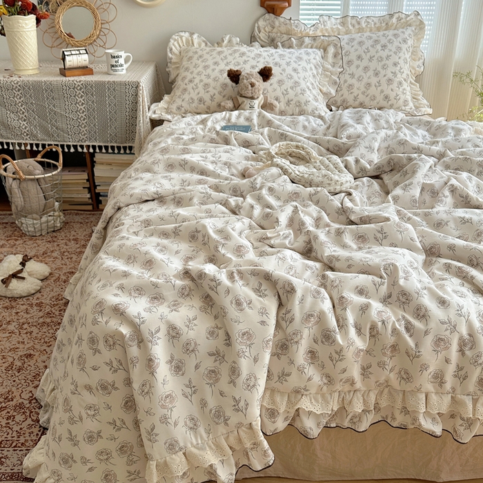 91家纺网 家纺一手货源 找家纺 轻奢坊 2025新款复古风双层纱水洗棉夏被四件套 夏被-玫瑰