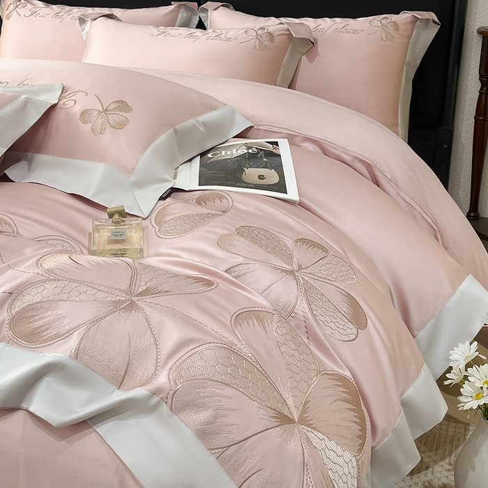 91家纺网 家纺一手货源 找家纺 【直播爆款】A类全棉四件套纯棉轻奢重工刺绣床单床笠夏季床单床笠床上用品 绮梦-颜粉