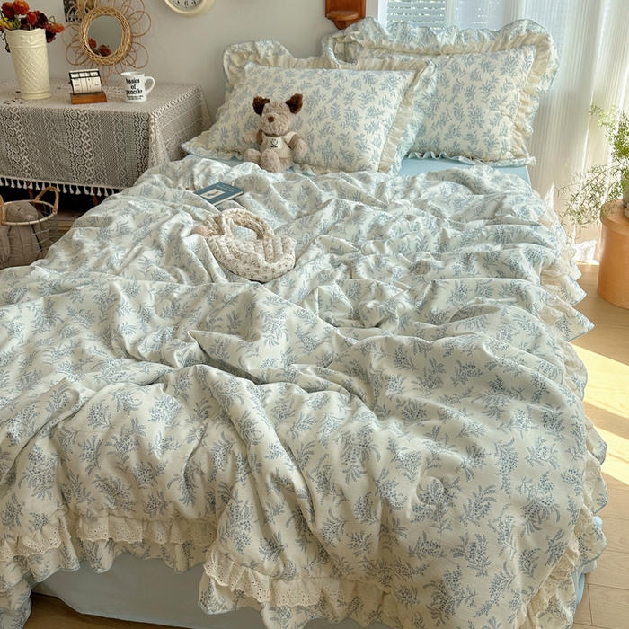 91家纺网 家纺一手货源 找家纺 轻奢坊 2025新款复古风双层纱水洗棉夏被四件套 夏被-麦穗蓝