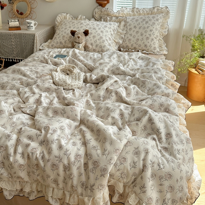 91家纺网 家纺一手货源 找家纺 轻奢坊 2025新款复古风双层纱水洗棉夏被四件套 夏被-玫瑰