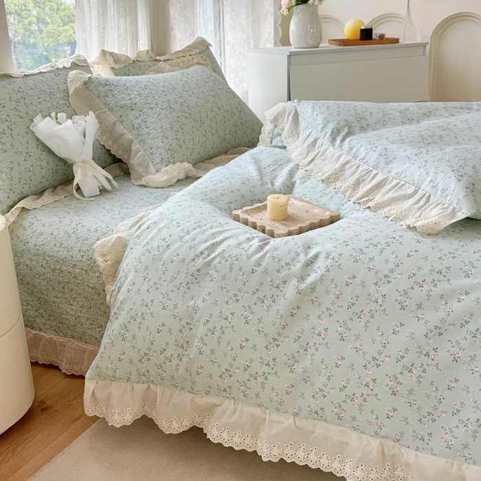 91家纺网 家纺一手货源 找家纺 添越家纺2025新款纯棉砂洗床盖三件套四件套系列春田-绿