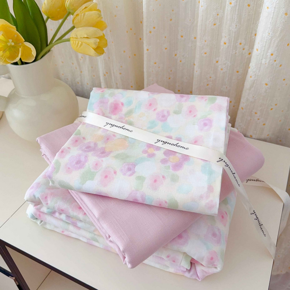 91家纺网 家纺一手货源 找家纺 于果 2025新款双层纱四件套第五批 桃之夭夭