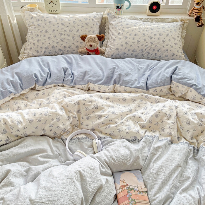 91家纺网 家纺一手货源 找家纺 2025新款云感木棉皱皱双层纱全棉花边四件套 兰黛