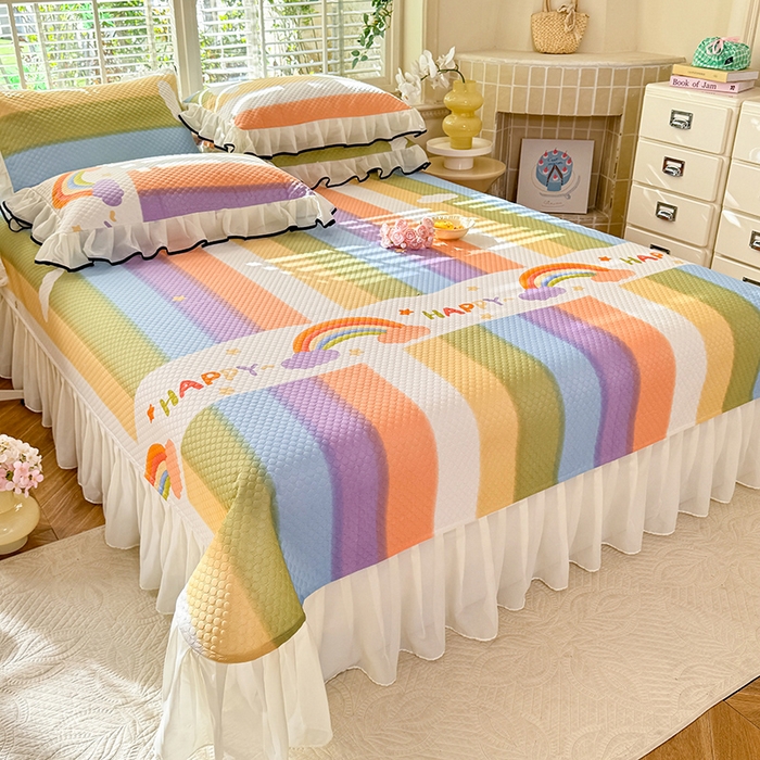 91家纺网 家纺一手货源 找家纺 金盛皇朝家纺 2025夏季新款冰丝凉豆豆床盖凉席 绚丽彩虹