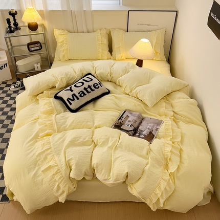 缦绣阁家纺  2025新款韩版花边水洗磨毛花边四件套床单款床笠款床裙款公主风四件套跨境外贸可定制 米黄