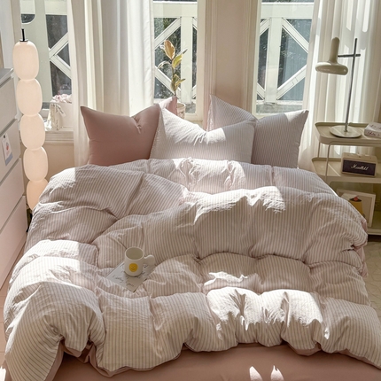 缦绣阁家纺 2025新款无印风条纹水洗磨毛四件套简约风4件套学生宿舍三件套 良品条纹粉玉