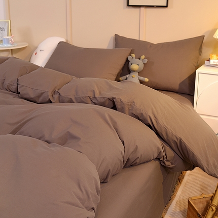 缦绣阁家纺 2025新款亲肤水洗棉纯色双拼四件套简约风床单款床笠款四件套宿舍三件套 纯色深咖