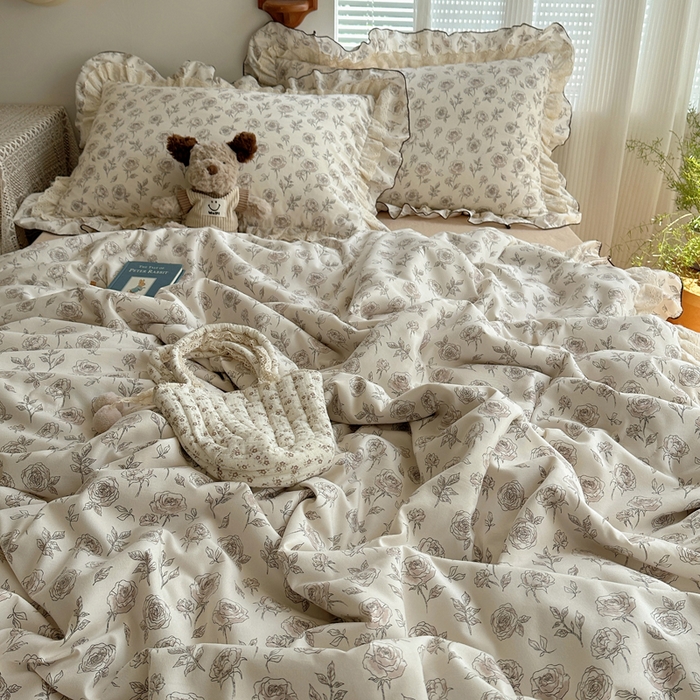 91家纺网 家纺一手货源 找家纺 轻奢坊 2025新款复古风双层纱水洗棉夏被四件套 夏被-玫瑰