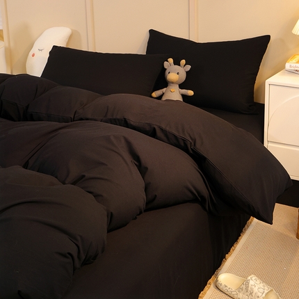 缦绣阁家纺 2025新款亲肤水洗棉纯色双拼四件套简约风床单款床笠款四件套宿舍三件套 纯色酷黑