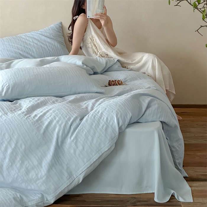 91家纺网 家纺一手货源 找家纺 梦享生活家居 2025新款色织三层提花人字纹面料四件套-青春系列恋青春天蓝