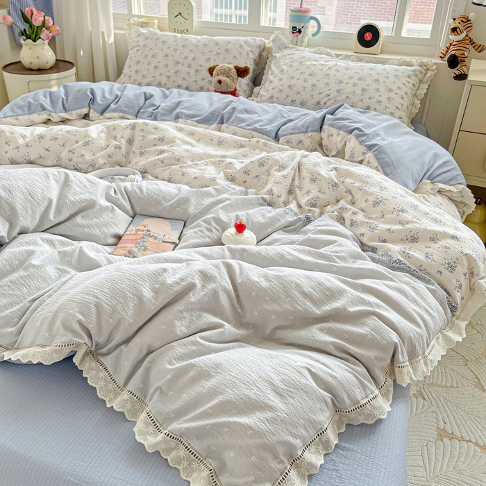 91家纺网 家纺一手货源 找家纺 2025新款云感木棉皱皱双层纱全棉花边四件套 兰黛