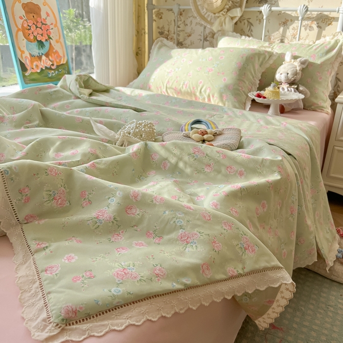 91家纺网 家纺一手货源 找家纺 （总）子钦家纺 2025新款韩版碎花法式风情花边水洗棉夏被夏凉被空调被四件套-风格二