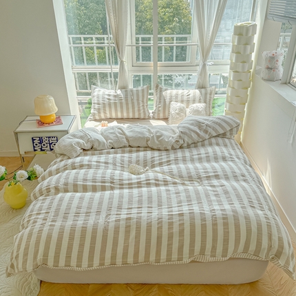 缦绣阁家纺 2025新款水洗棉亲肤云朵条纹四件套小清新条纹床单款床笠款4件套学生宿舍三件套 云朵条纹奶咖