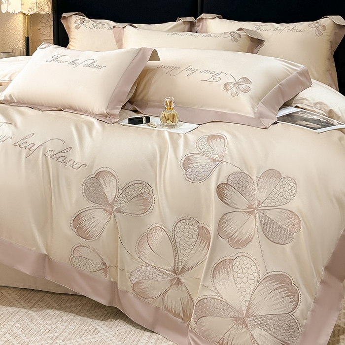 91家纺网 家纺一手货源 找家纺 【直播爆款】A类全棉四件套纯棉轻奢重工刺绣床单床笠夏季床单床笠床上用品 绮梦-白桃