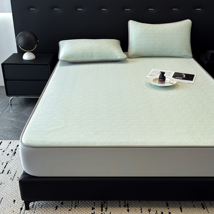 91家纺网 家纺一手货源 找家纺 九花鹿 2025新款凉感肌理纹冰丝席-床笠款 床笠款-肌理纹(豆绿）