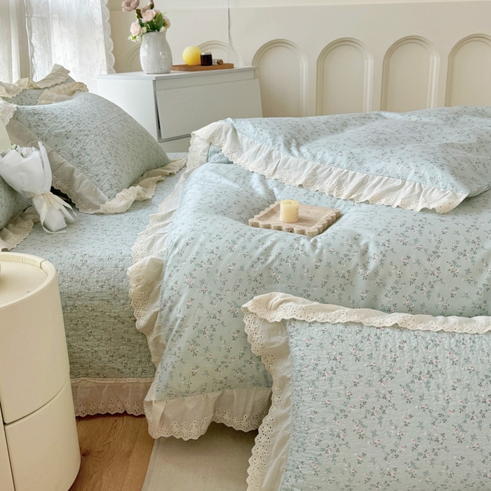 91家纺网 家纺一手货源 找家纺 添越家纺2025新款纯棉砂洗床盖三件套四件套系列春田-绿