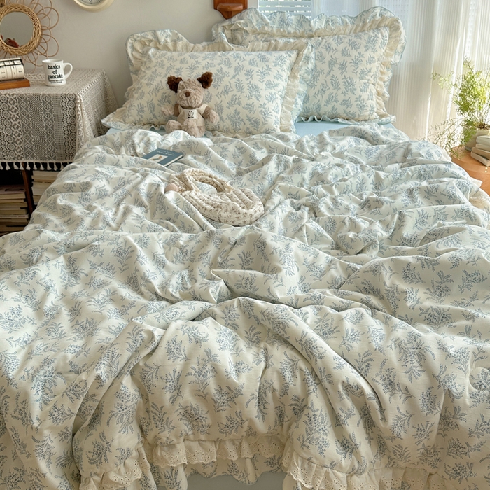 91家纺网 家纺一手货源 找家纺 轻奢坊 2025新款复古风双层纱水洗棉夏被四件套 夏被-麦穗蓝