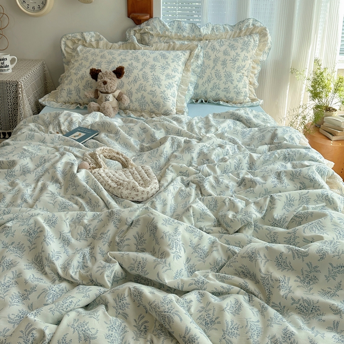 91家纺网 家纺一手货源 找家纺 轻奢坊 2025新款复古风双层纱水洗棉夏被四件套 夏被-麦穗蓝