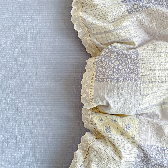 91家纺网 家纺一手货源 找家纺 2025新款云感木棉皱皱双层纱全棉花边四件套 百福蓝