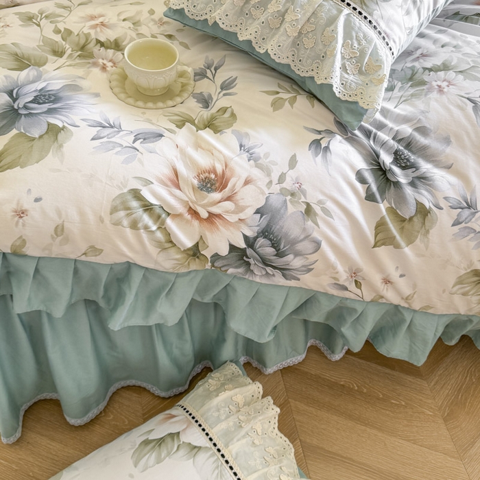 91家纺网 家纺一手货源 找家纺 亲亲公主 2025新款全棉法式花边四件套--米娅 米娅一孔雀蓝