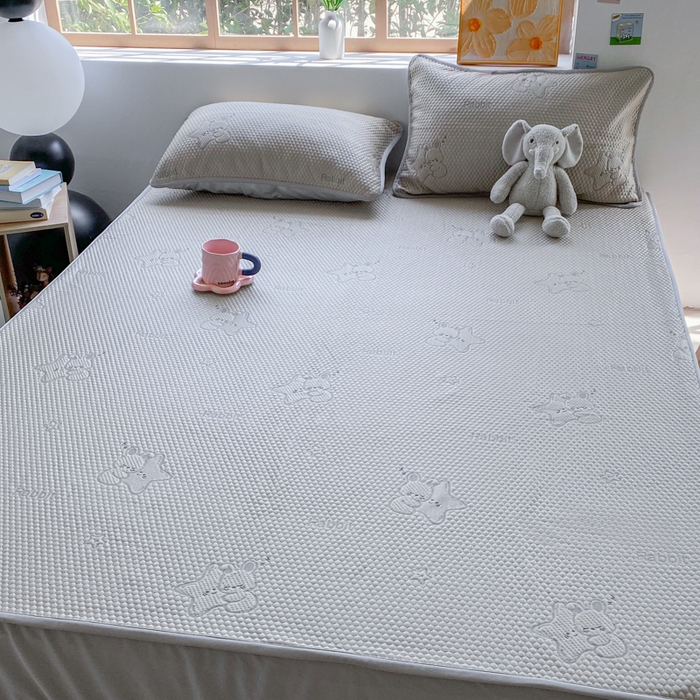 91家纺网 家纺一手货源 找家纺 千朵 2025新款凉感PE冰豆豆提花床笠款凉席 星星兔香槟