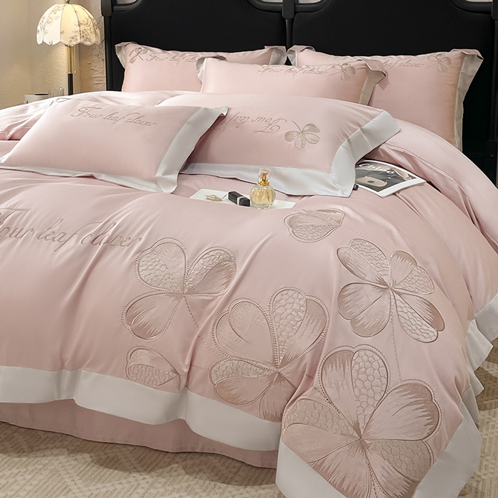 91家纺网 家纺一手货源 找家纺 【直播爆款】A类全棉四件套纯棉轻奢重工刺绣床单床笠夏季床单床笠床上用品 绮梦-颜粉