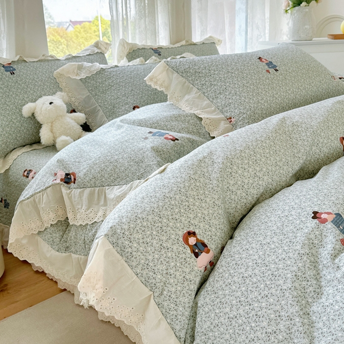 91家纺网 家纺一手货源 找家纺 添越家纺2025新款纯棉砂洗床盖三件套四件套系列森林女孩
