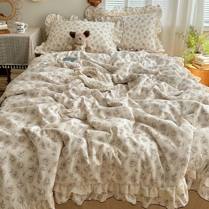 91家纺网 家纺一手货源 找家纺 轻奢坊 2025新款复古风双层纱水洗棉夏被四件套 夏被-玫瑰