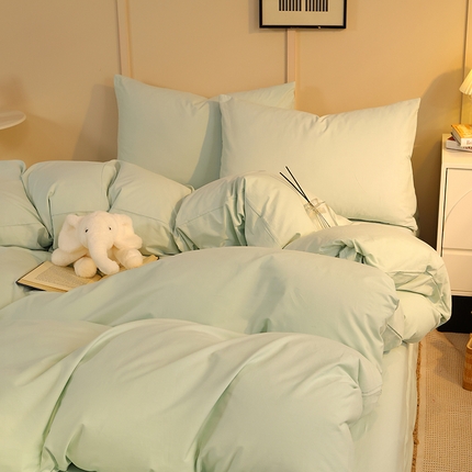 91家纺网 家纺一手货源 找家纺 （总）缦绣阁家纺 2025新款亲肤水洗棉纯色双拼四件套简约风床单款床笠款四件套宿舍三件套