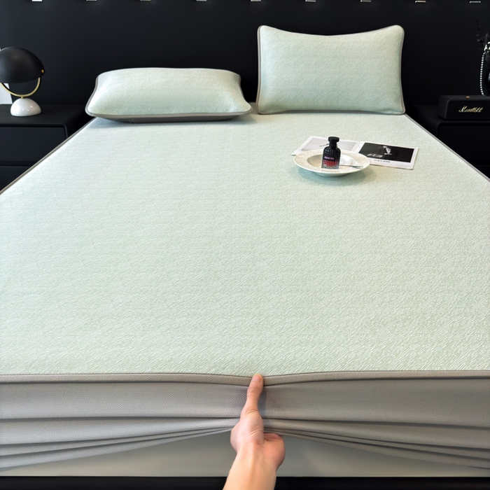 91家纺网 家纺一手货源 找家纺 九花鹿 2025新款凉感肌理纹冰丝席-床笠款 床笠款-肌理纹(豆绿）