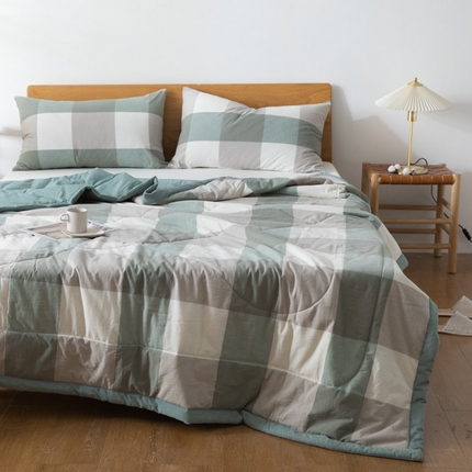 缦绣阁家纺 2025春夏新款无印风格子夏凉被亲肤柔软裸睡级色织水洗棉大豆夏被空调被可机洗凉感夏被 绿大格